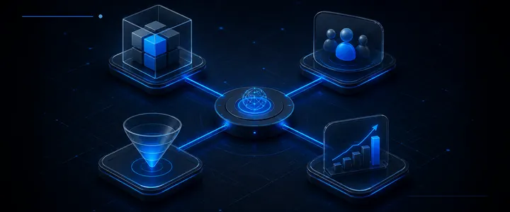 Sistema visual conectando oferta, público, funil e crescimento
