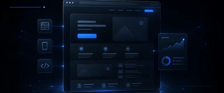 Interface de landing page com blocos de conversão e métricas